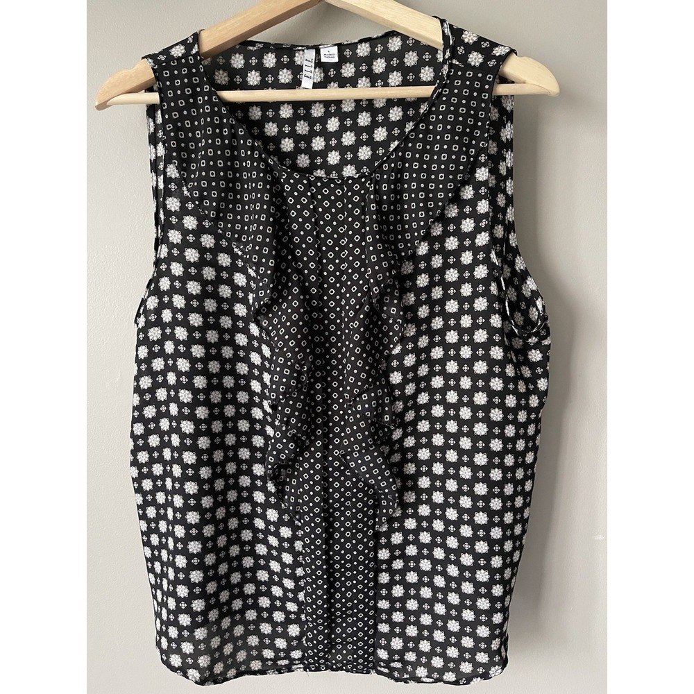 ELLE WOMENS Top Size L Black White Sleeveless Round Neck Pullover Blouse